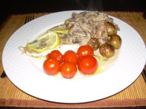 Kabeljauw uit de oven met champignonsaus